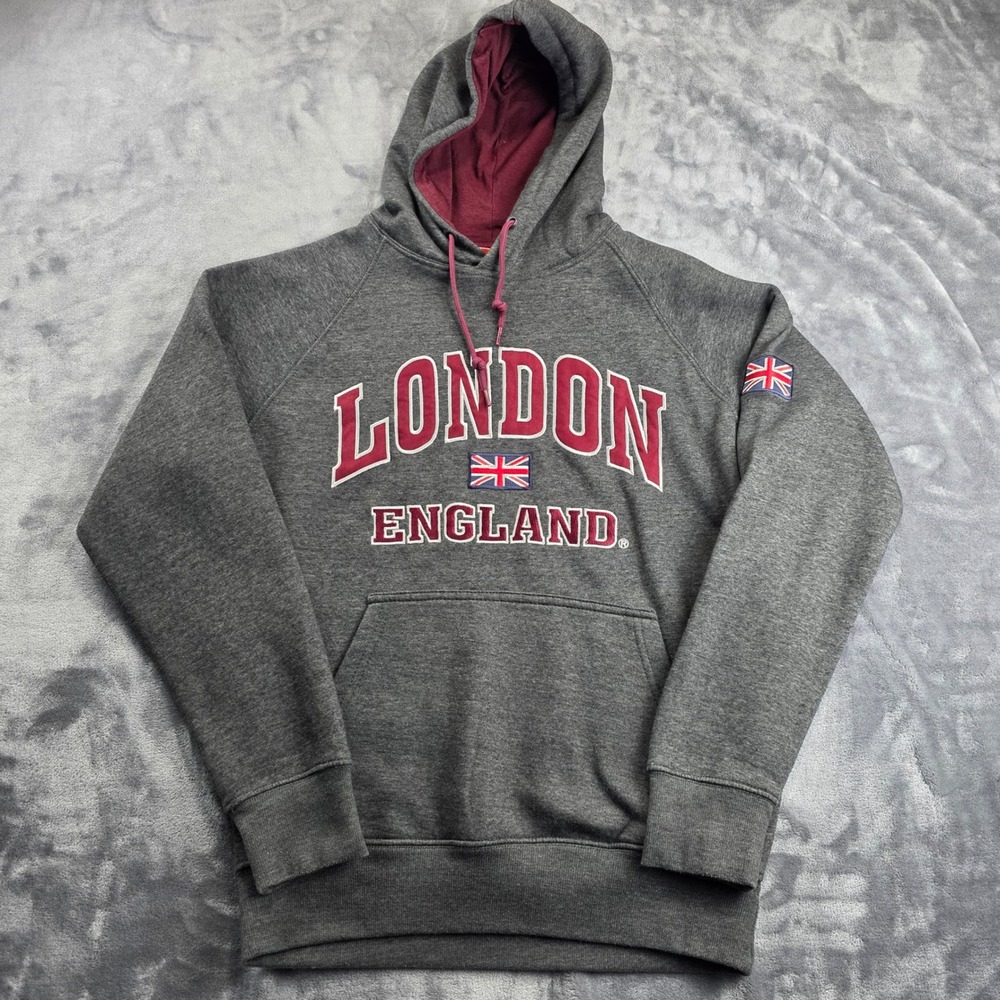 London England Hoodie Men Large Charcoal Grey Burgundy Union Jack Graphic